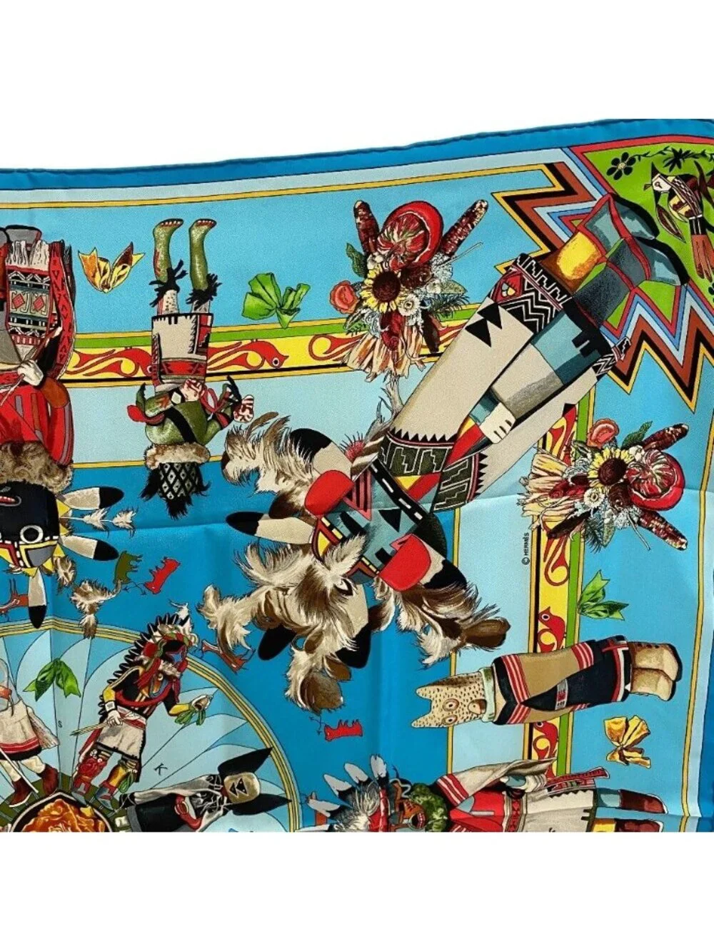 Hermes Kachinas Carre 90 Silk Scarf Blue
